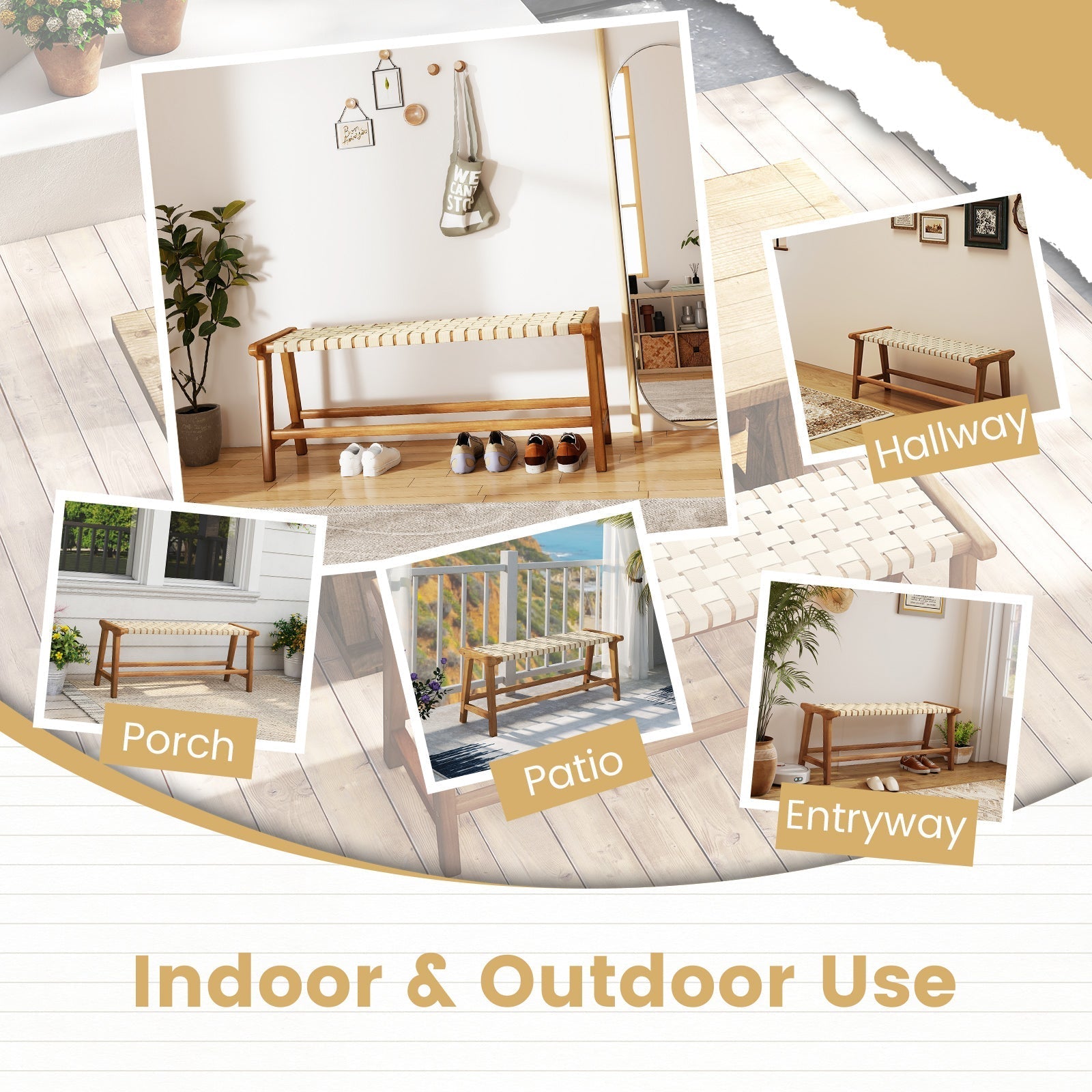 47 Inches Long Teak Wood Patio Bench with Weave Seat and Solid Wood Legs-Natural