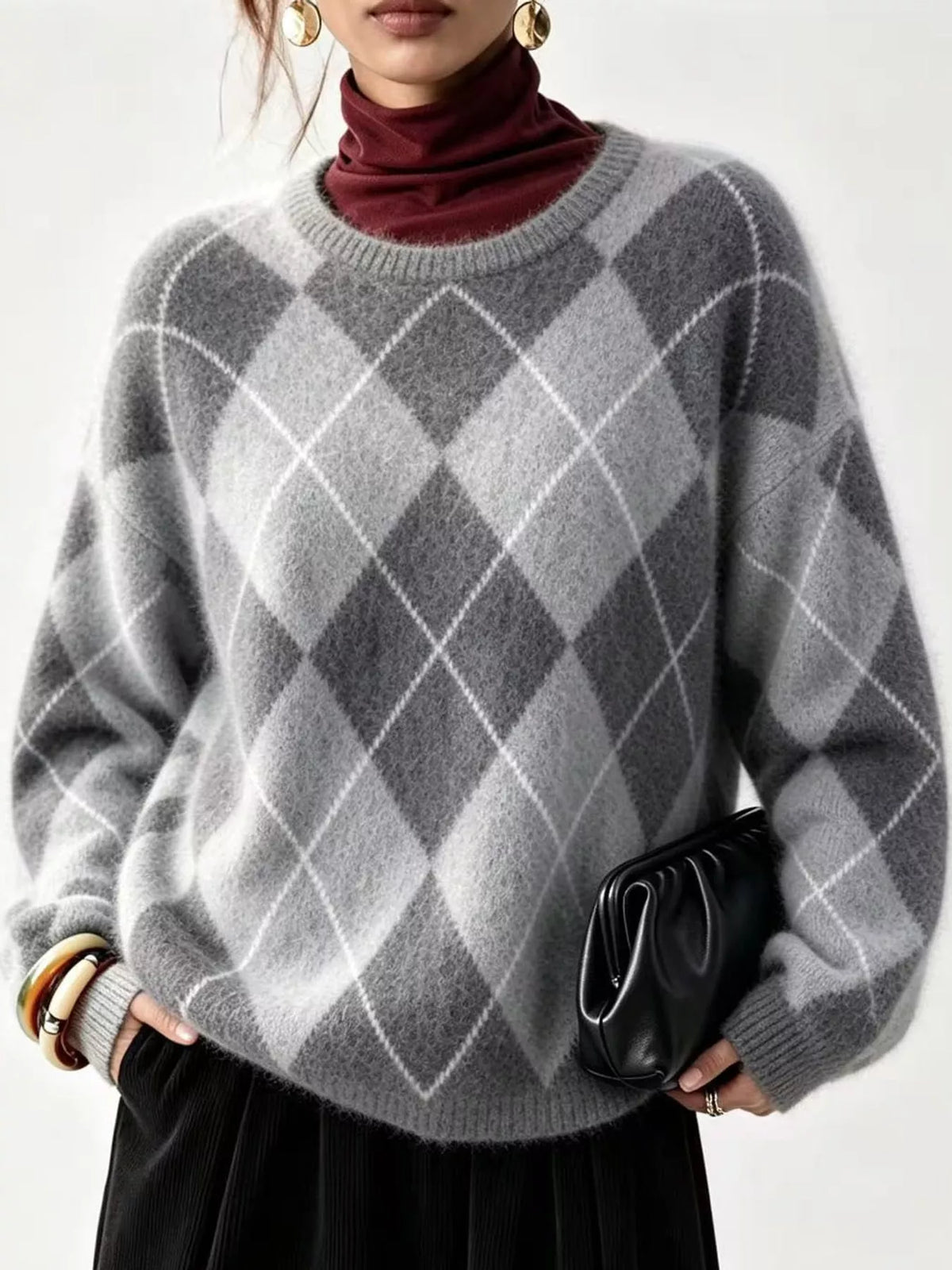 Argyle Pattern Fuzzy Knit Sweater
