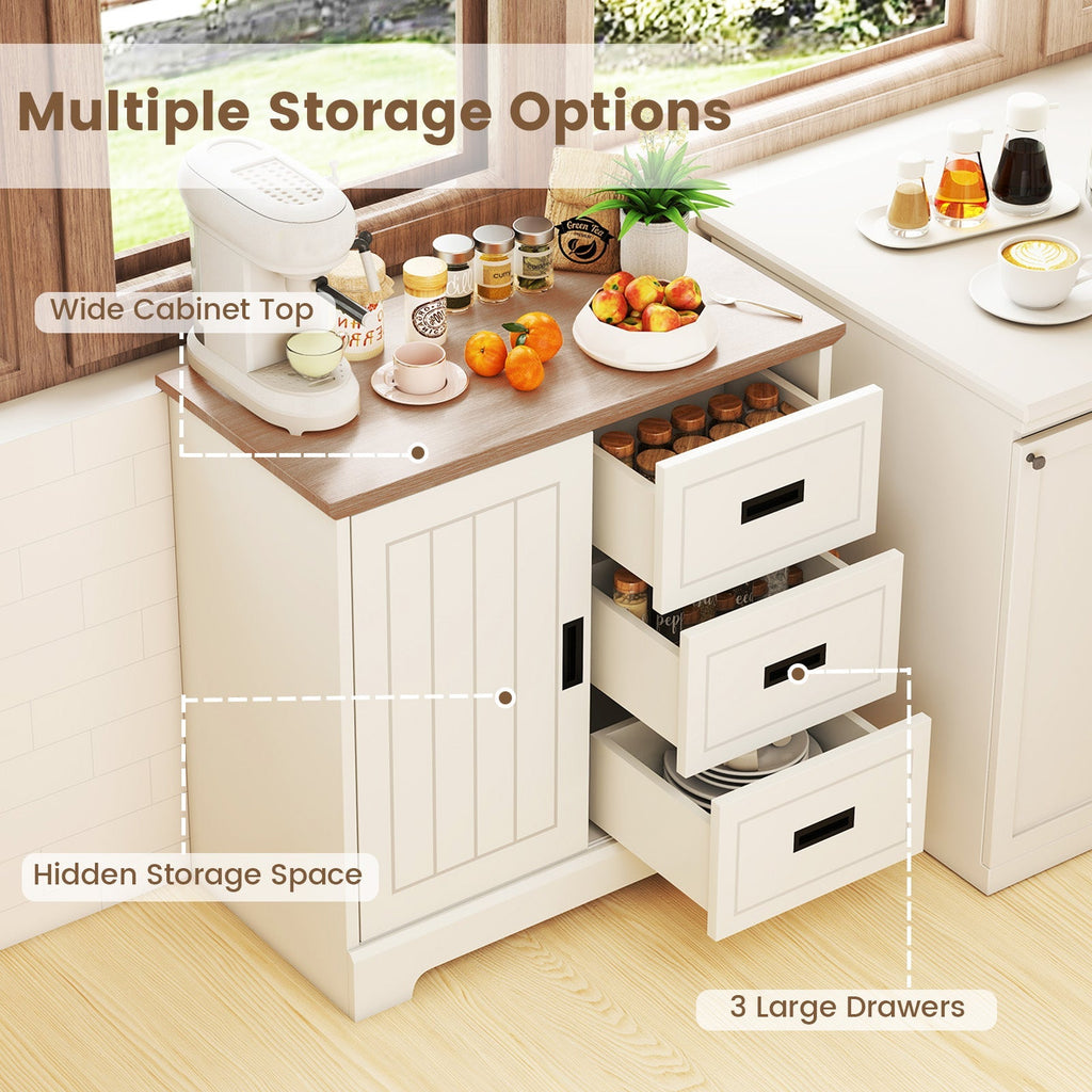 Farmhouse Sideboard Buffet Cabinet Kitchen Pantry with Sliding Doors-White