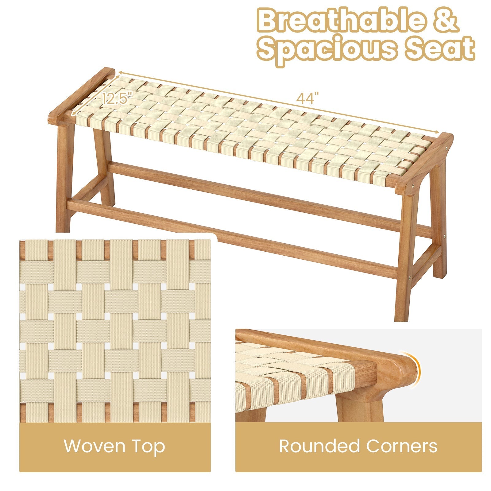 47 Inches Long Teak Wood Patio Bench with Weave Seat and Solid Wood Legs-Natural