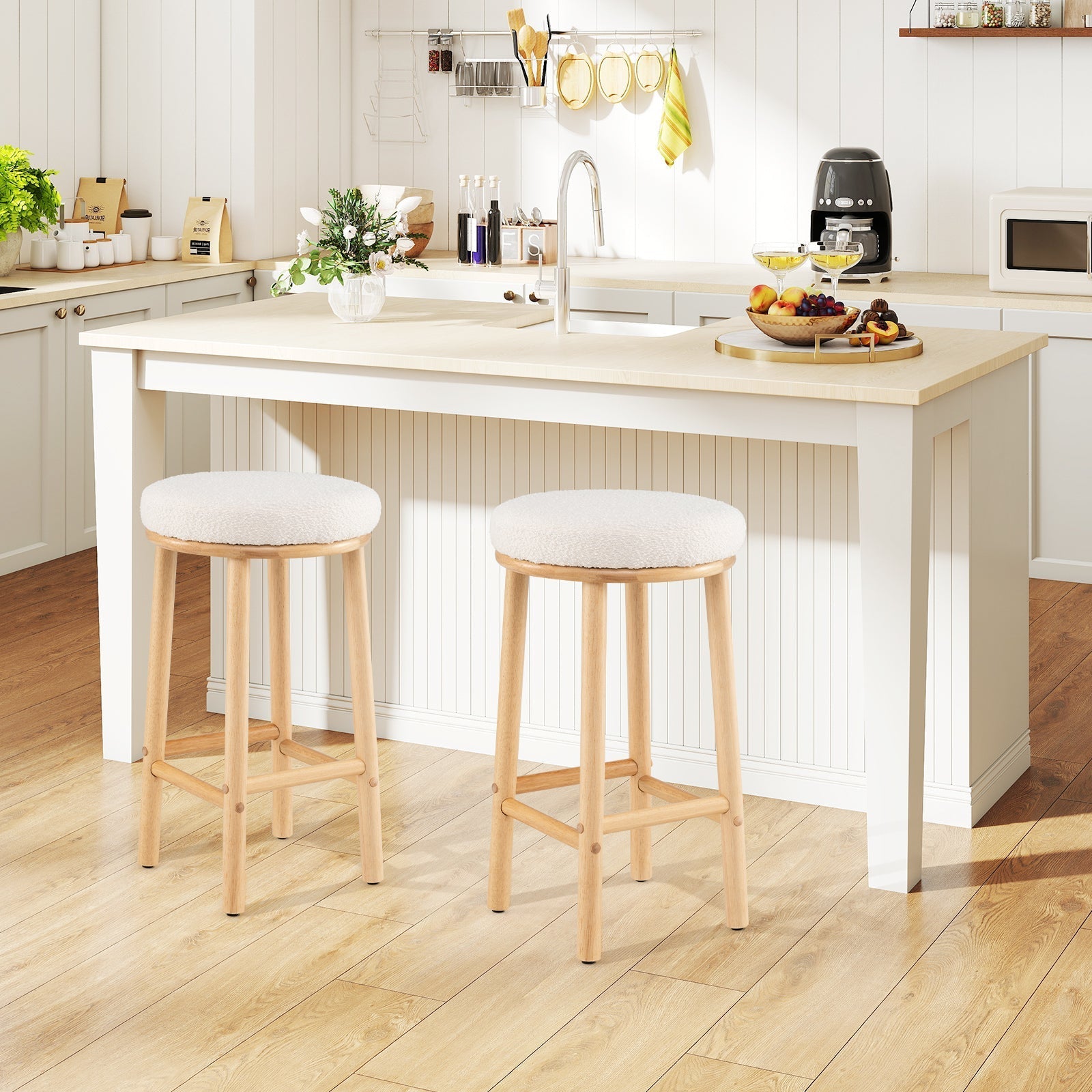 27" Bar Stools Set of 2 Upholstered Barstools with Boucle Fabric Seats-White
