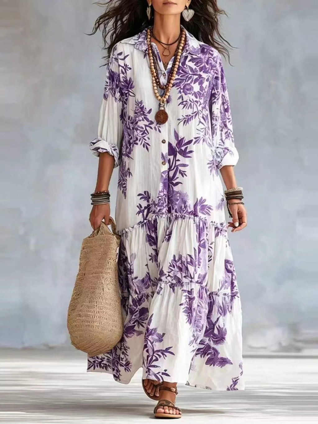 Printed Button Front Maxi Dress