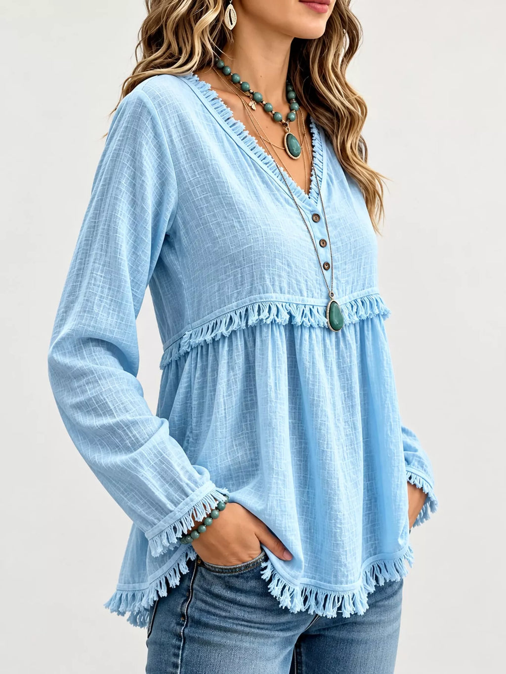 Full Size Fringed Trim V-Neck Long Sleeve Blouse Plus Size