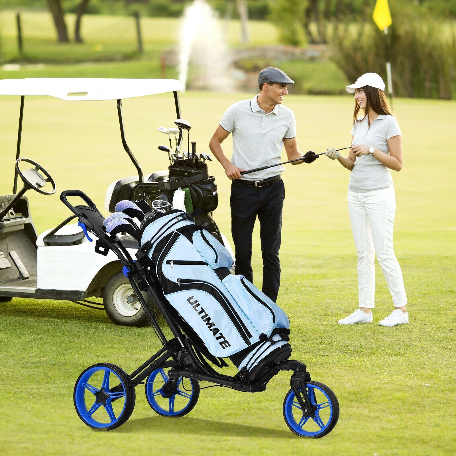 Folding Golf Push Cart with Scoreboard Adjustable Handle Swivel Wheel