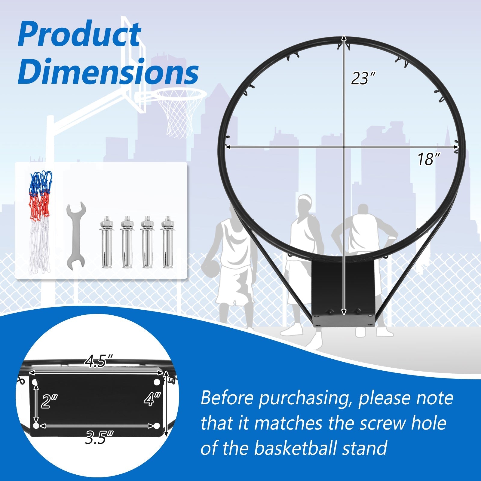 18 Inch Basketball Rim Goal Replacement with All Weather Net and Mounting Hardware