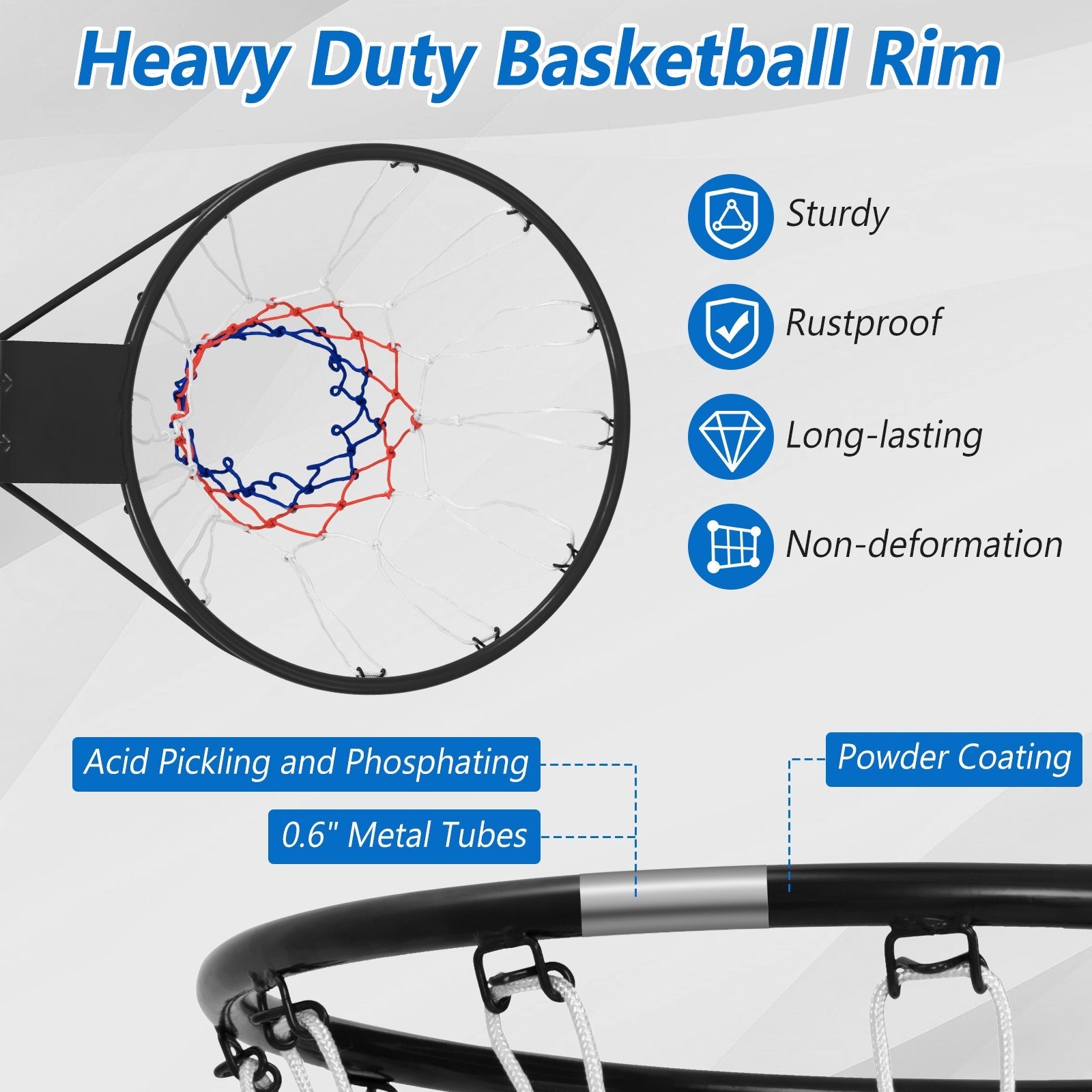 18 Inch Basketball Rim Goal Replacement with All Weather Net and Mounting Hardware