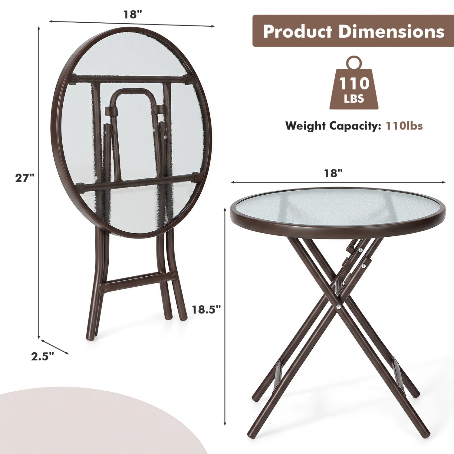 18" Round Folding Patio Side Table with Tempered Glass Top