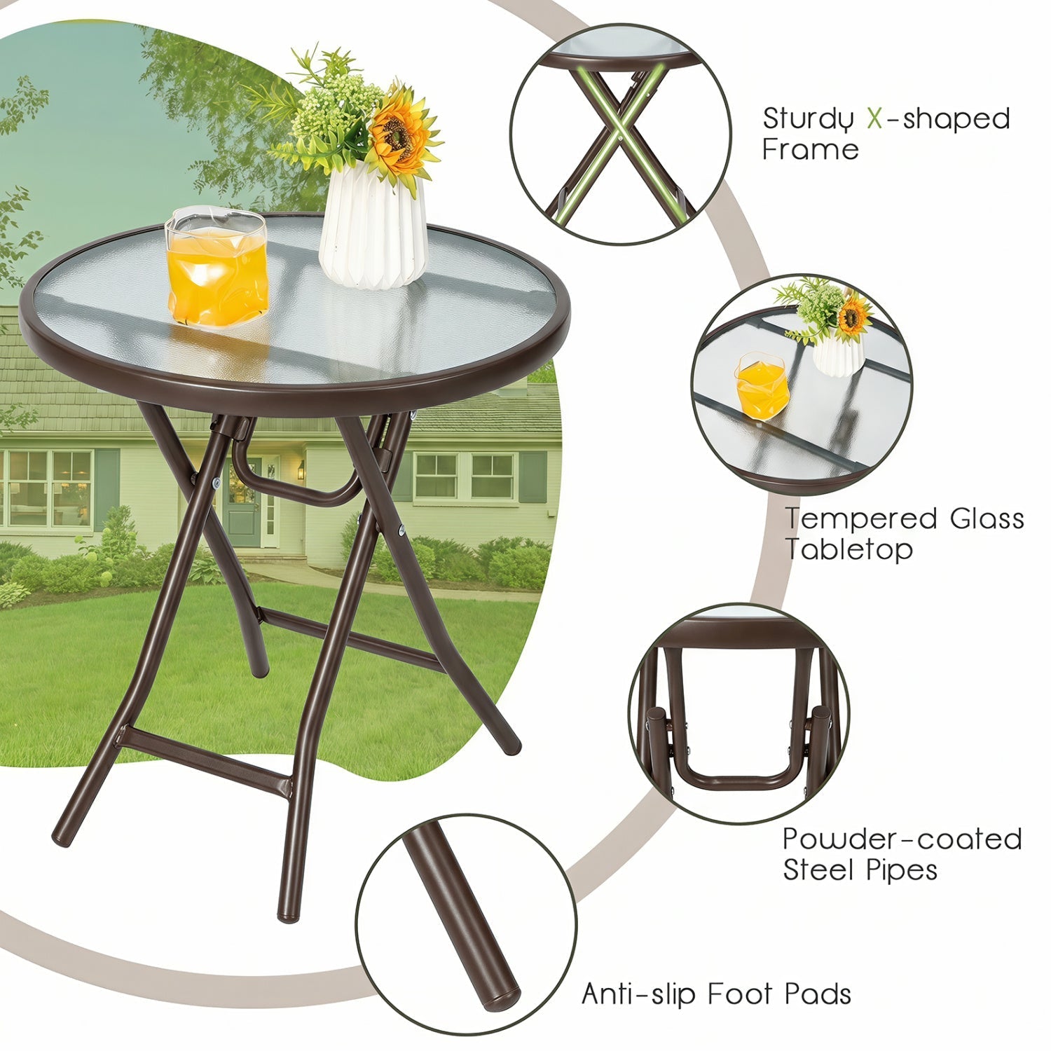 18" Round Folding Patio Side Table with Tempered Glass Top