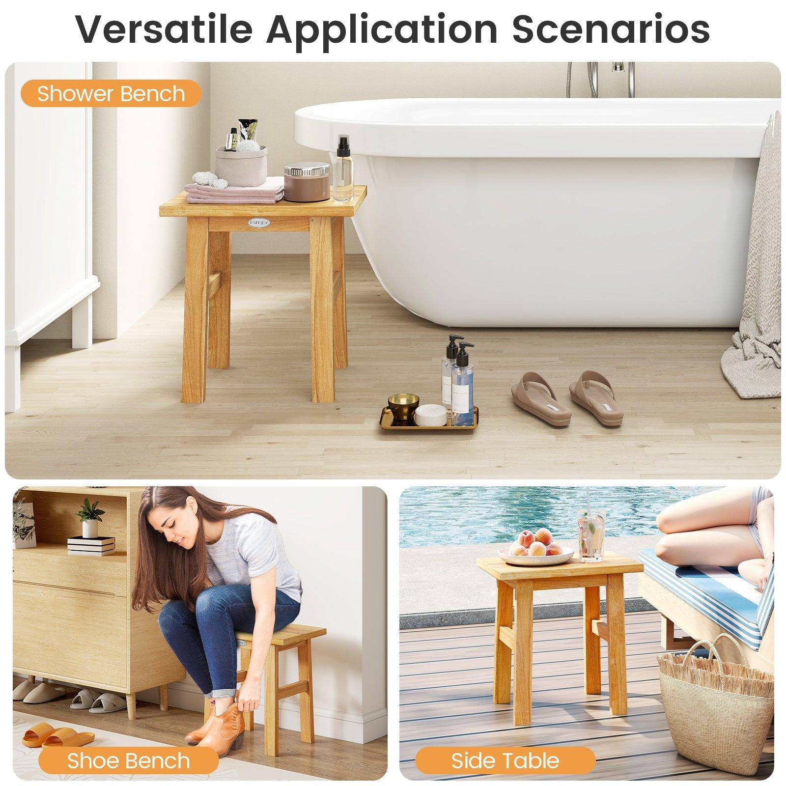 18 Inch Teak Shower Bench Spa Bath Stool for Shaving Legs