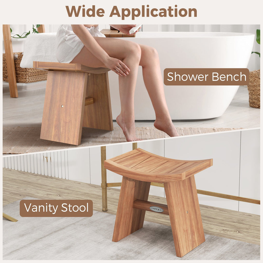 18 Inch Teak Wood Shower Bench with Curved Seat for Bathroom