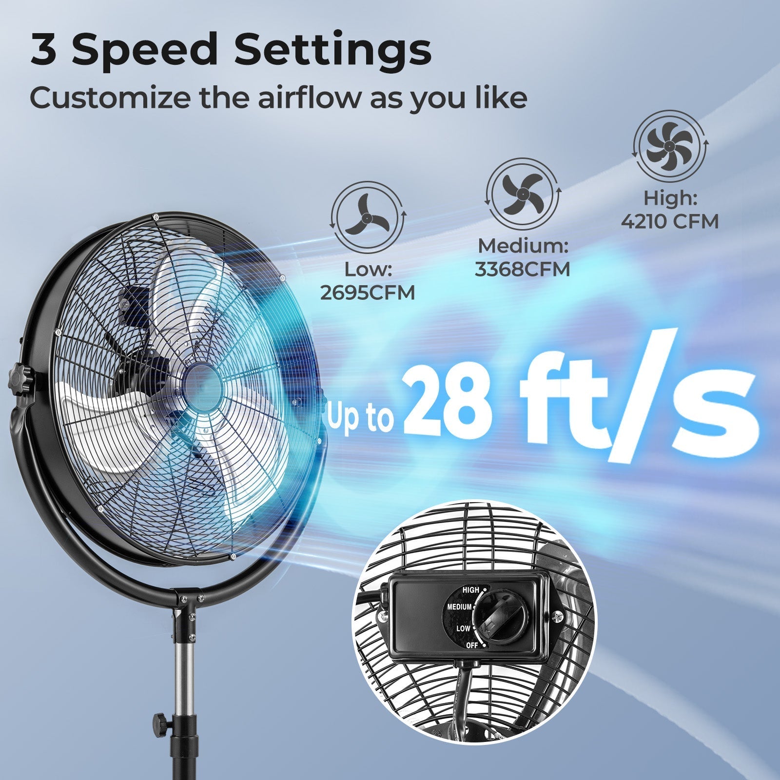 20 Inches High Velocity Pedestal Fan with 3 Speeds and Adjustable Height-Black