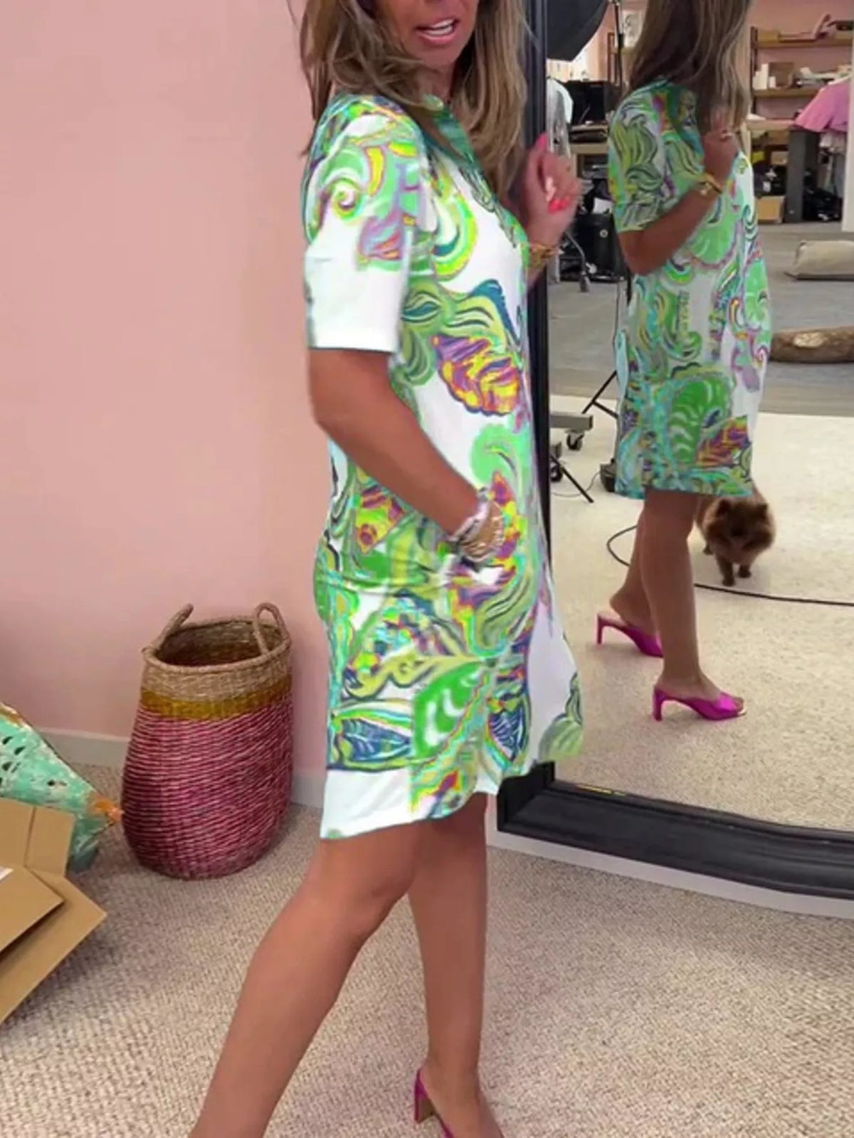 Full Size Vibrant Paisley Print Short Sleeve Shift Dress Plus Size