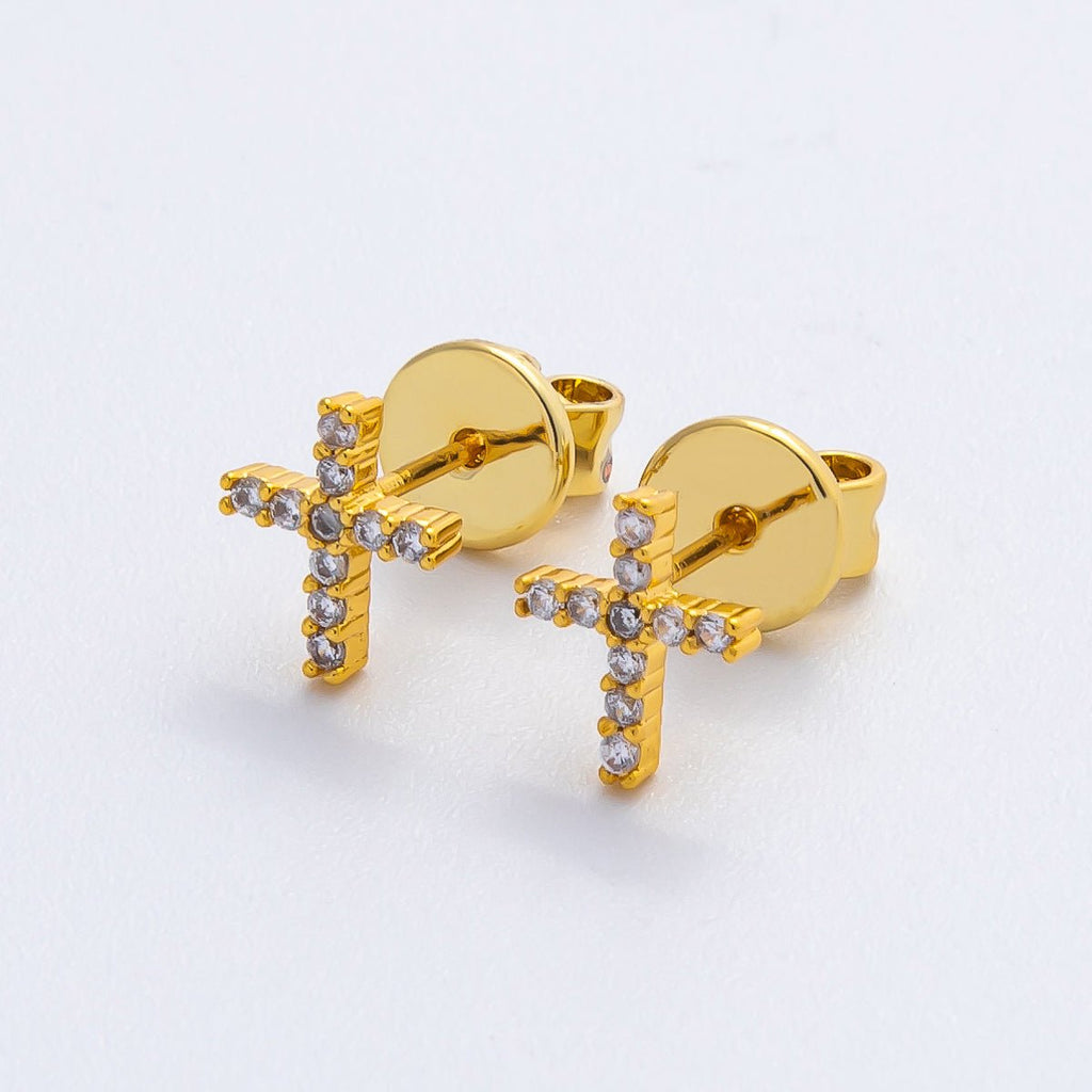 18K Gold Filled 9mm Micro Paved CZ Cluster Christian Cross Dainty Stud Earrings | AD1569