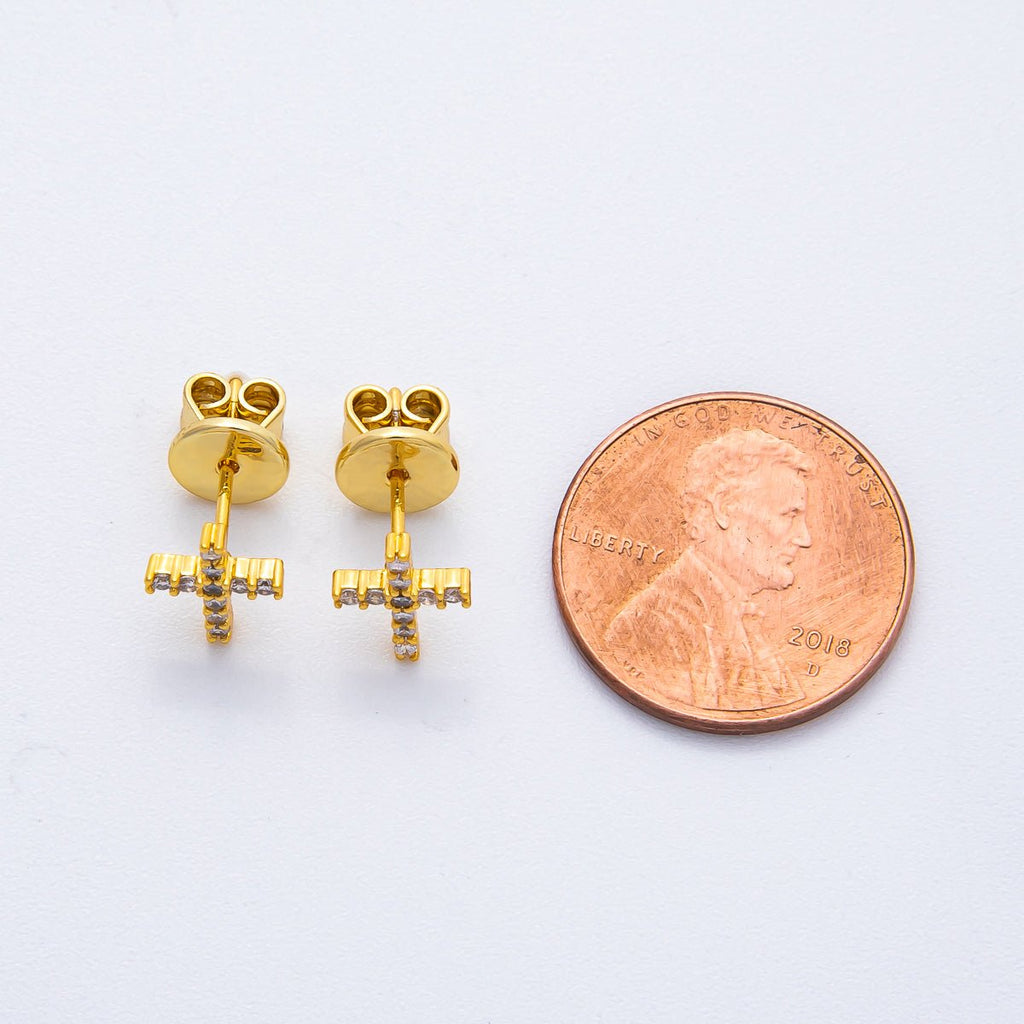 18K Gold Filled 9mm Micro Paved CZ Cluster Christian Cross Dainty Stud Earrings | AD1569