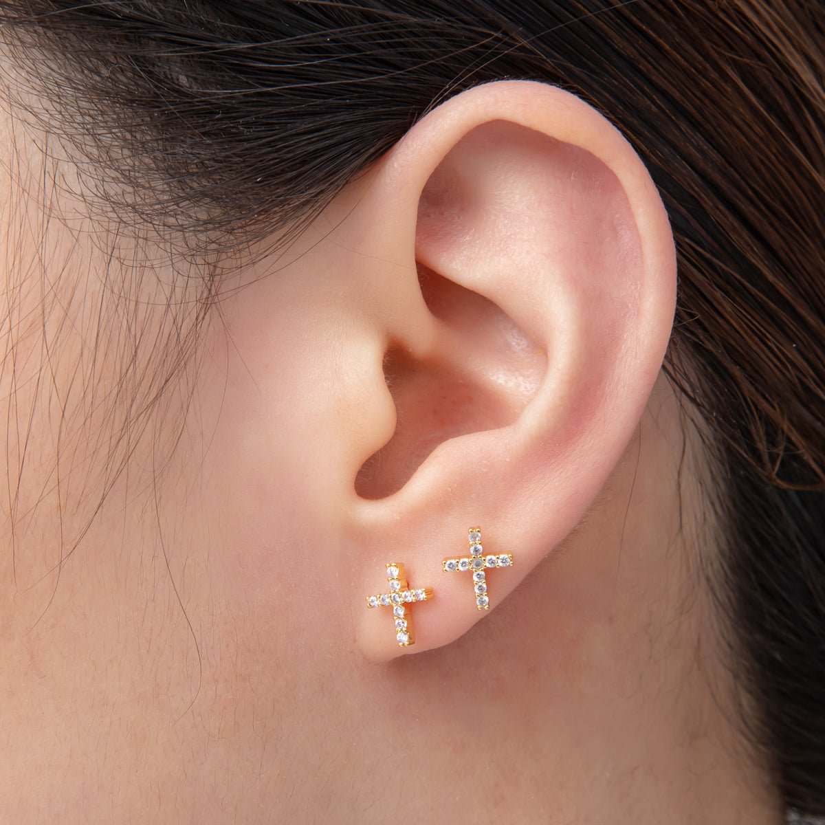 18K Gold Filled 9mm Micro Paved CZ Cluster Christian Cross Dainty Stud Earrings | AD1569