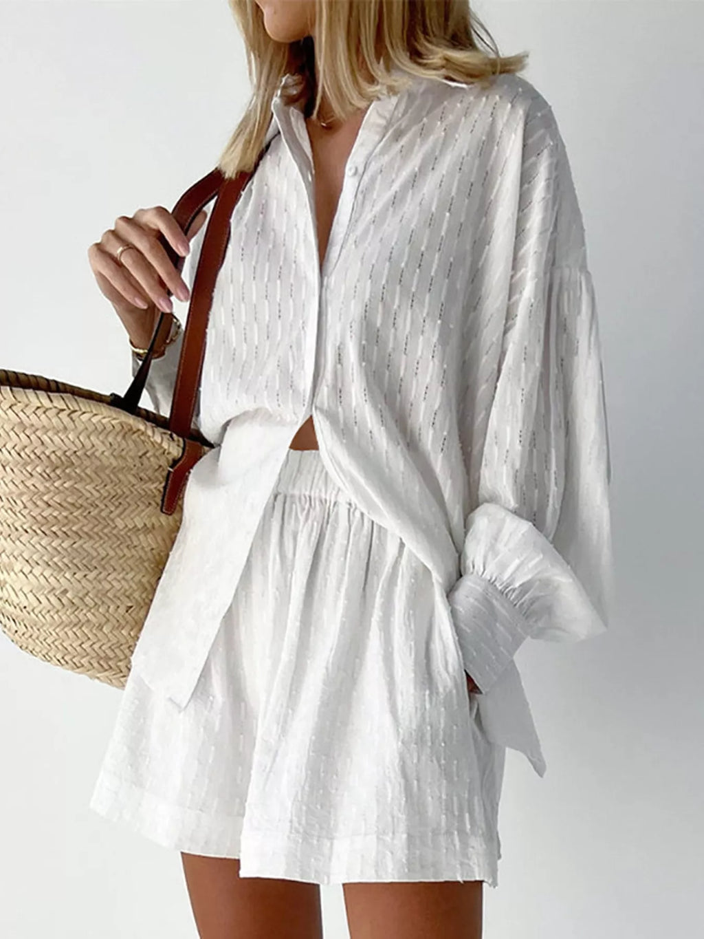 Textured Button-Down Shirt and Shorts Set