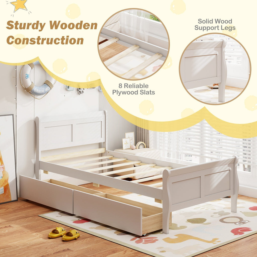 Twin Size Sleigh Bed with 2 Storage Drawers Wood Platform Bed Frame