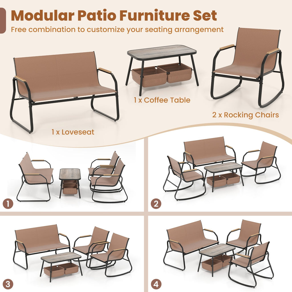 4 Pieces Patio Furniture Set with Rocking Bistro Chairs and Breathable Mesh Fabric-Coffee