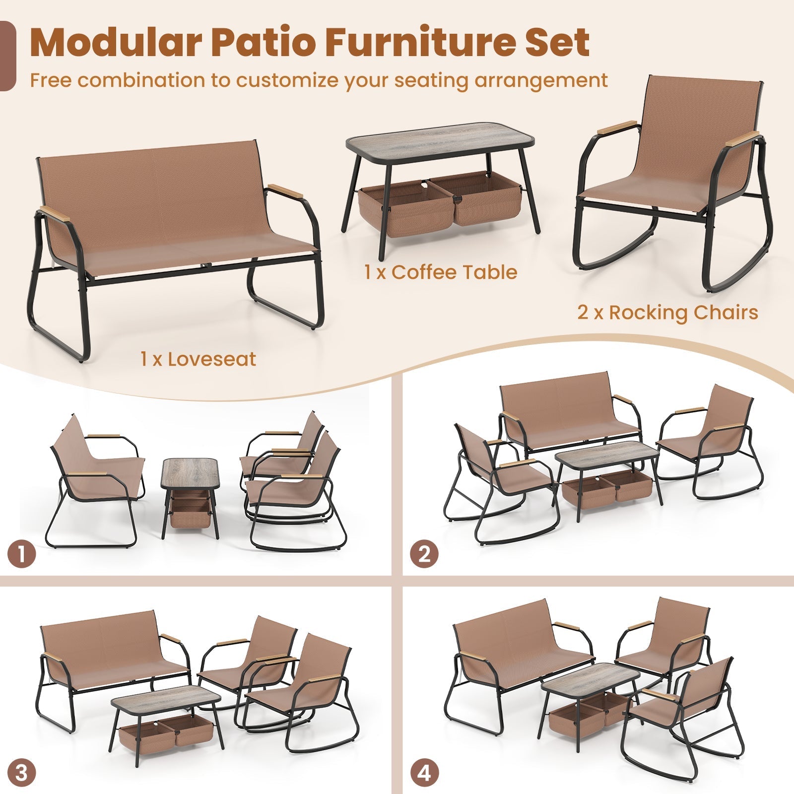 4 Pieces Patio Furniture Set with Rocking Bistro Chairs and Breathable Mesh Fabric-Coffee