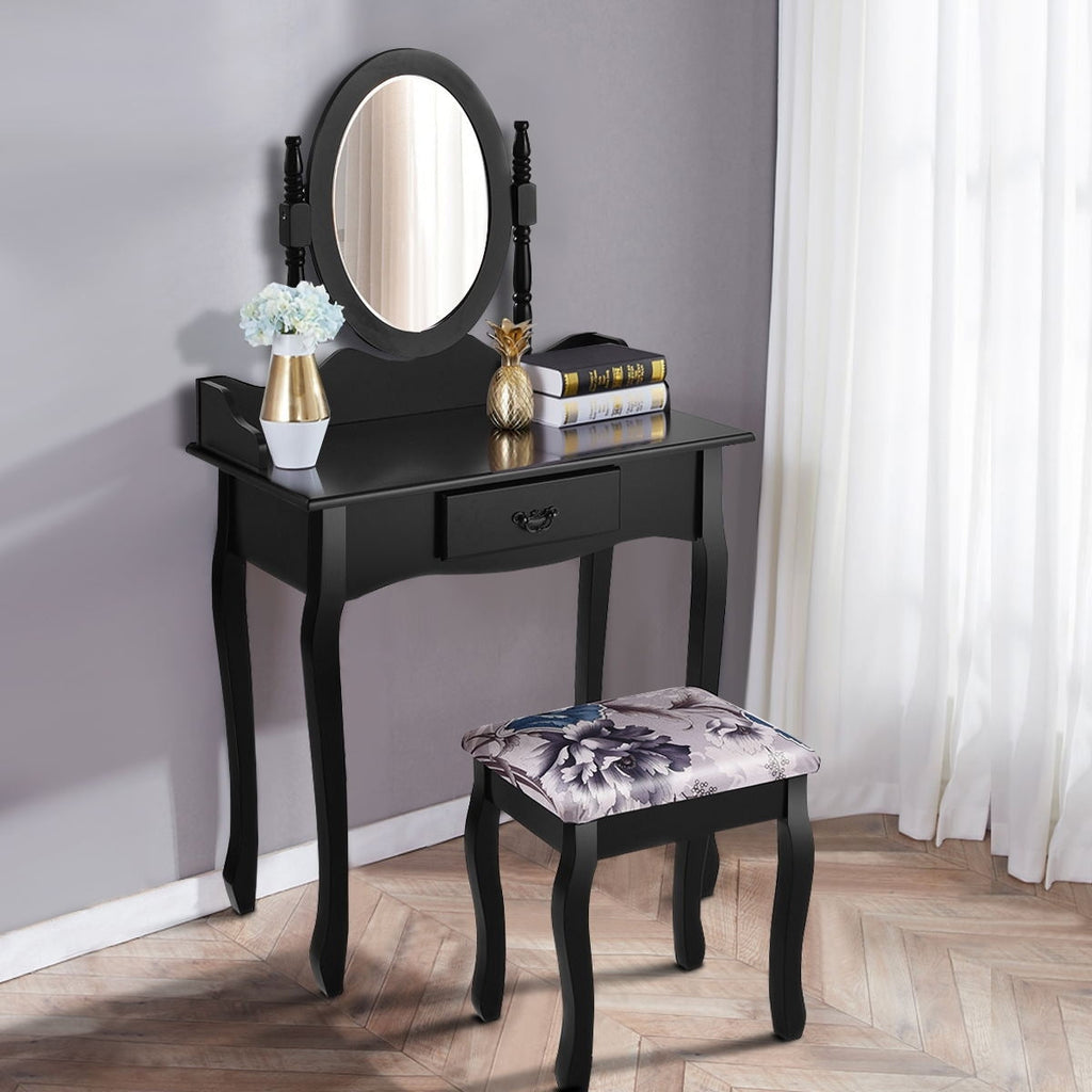 Wooden Vanity Makeup Set with Cushioned Stool and Oval Rotating Mirror