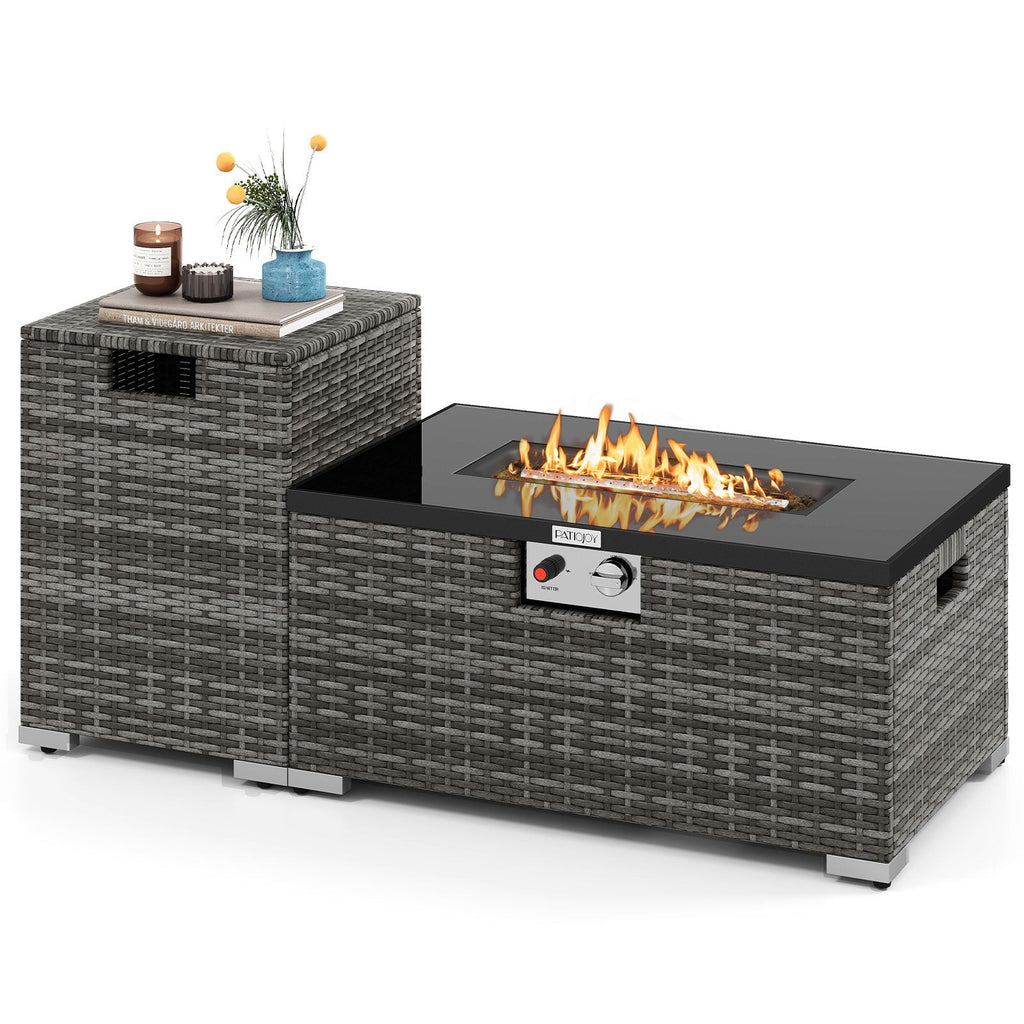 2-Piece Outdoor Rattan Fire Table Set 32 Inch Rectangle Gas Firepit with Tank Cover