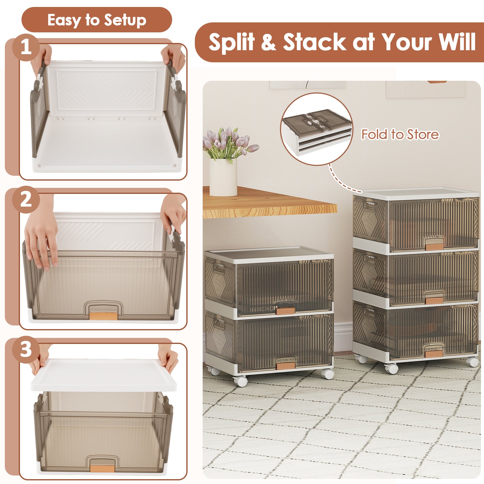 3/4/5/6-Cube Stackable Storage Bins with Detachable Wheels
