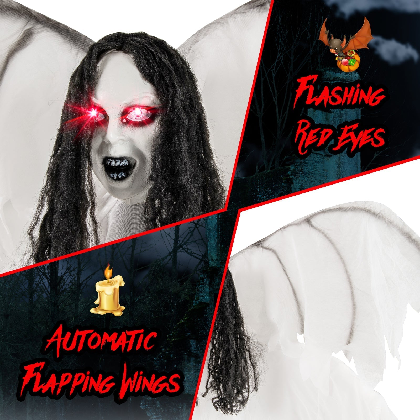 6.6 Feet Halloween Animatronic Standing Angel with Sound-Activated Light-up Eyes and Flapping Wings