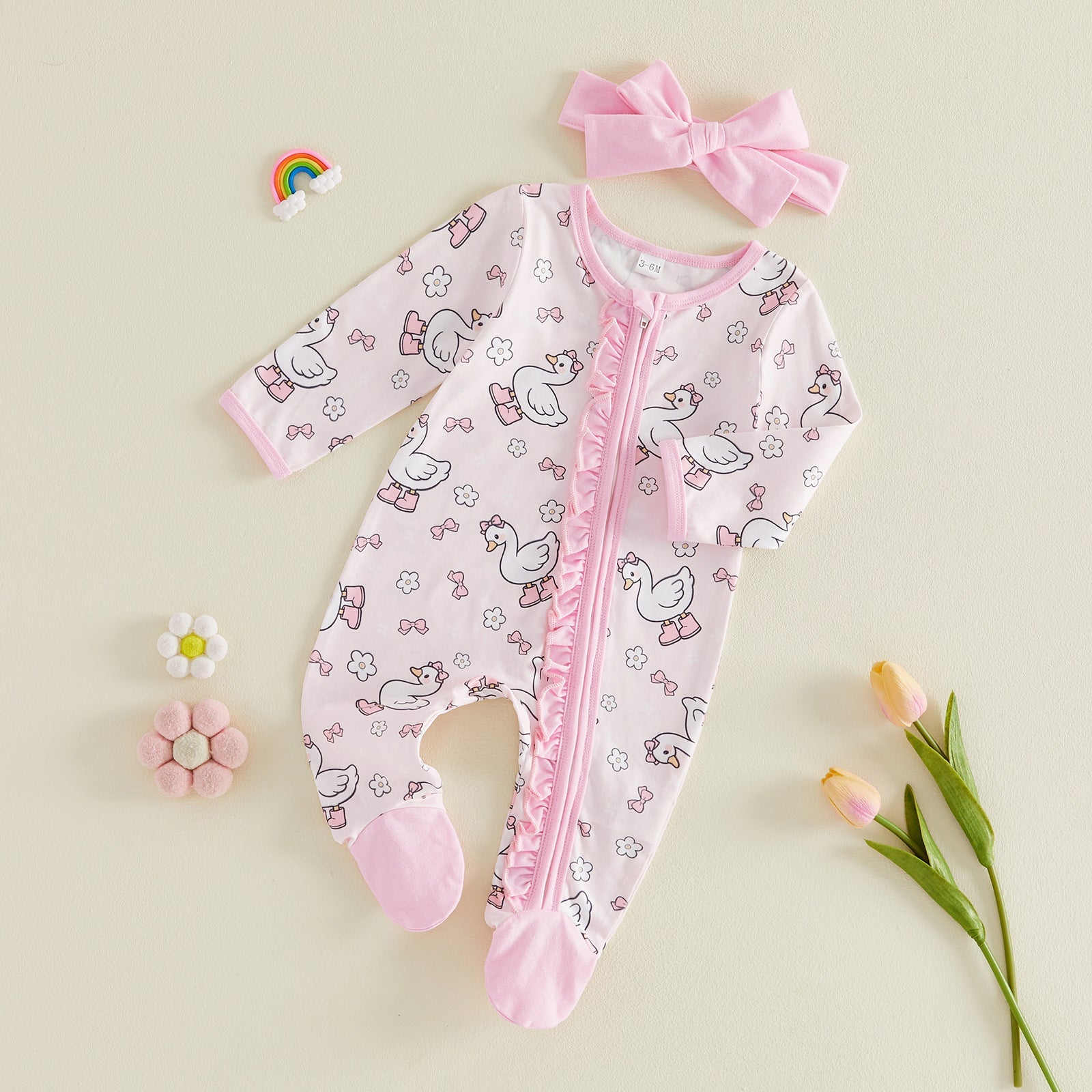 All-over Floral-print Zip-front Footed Romper Thin Style Headband
