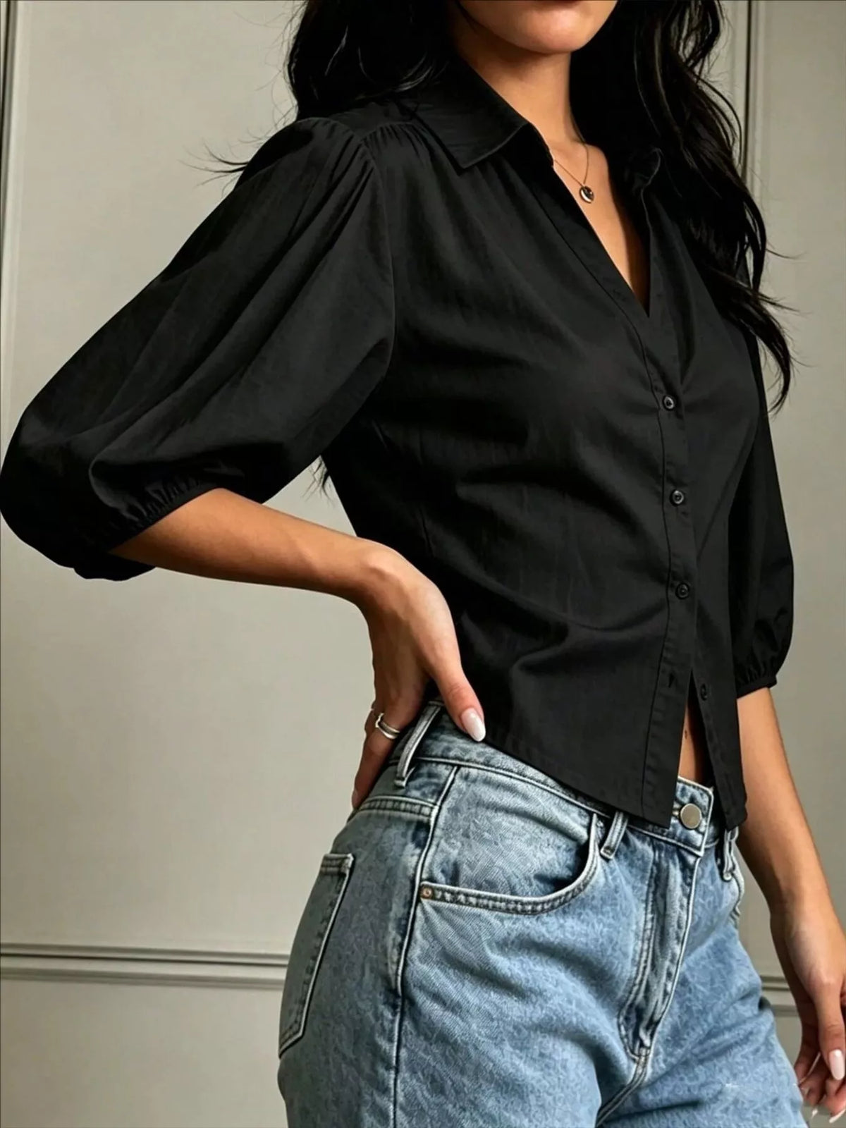 Button-Down Shirt with Puff Sleeves