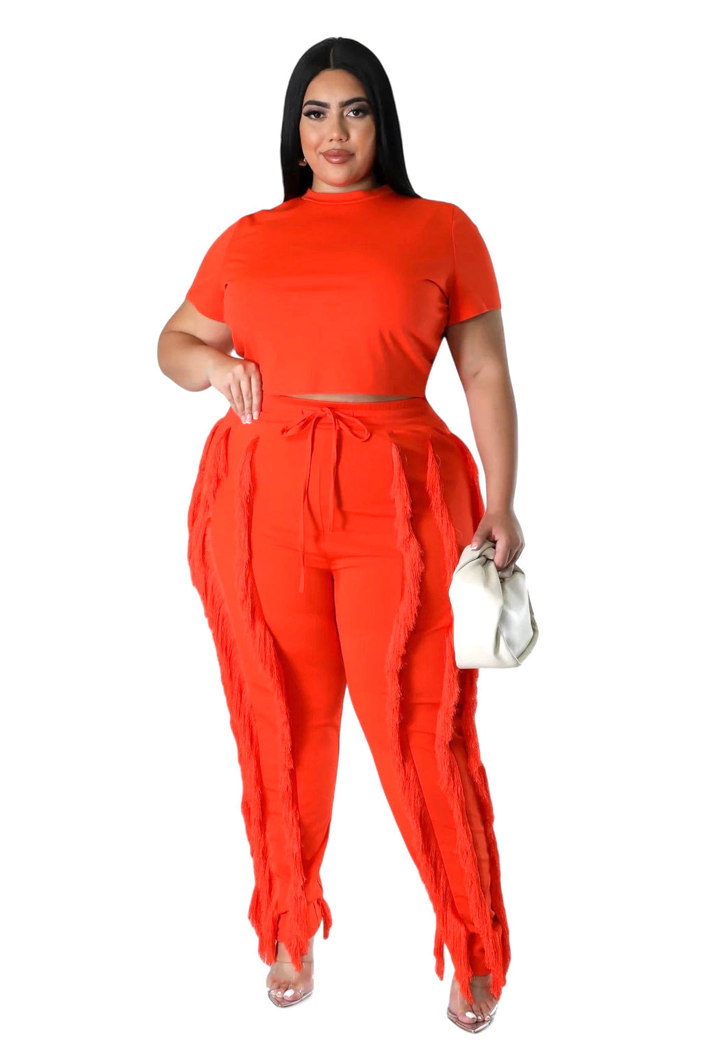 Curvy Short Sleeve Top Matching Tassel Pants