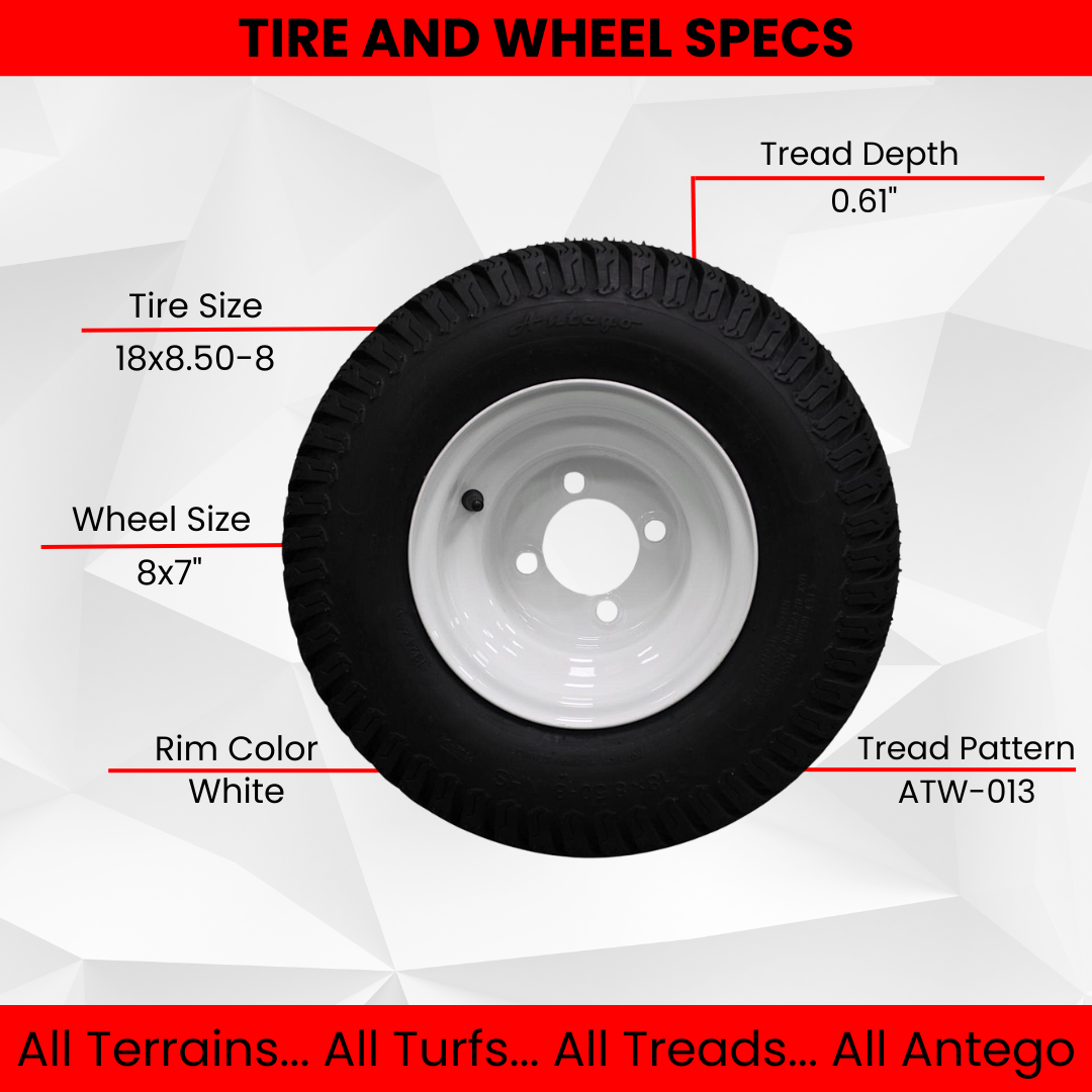 18X8.50-8" Turf Tires 4 Ply with 8x7 White Steel Golf Cart Wheel Assemblies ATW-003 (Set of 4)