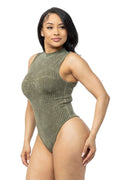 Washed Seamless Solid Mock Neck Basic Bodysuit