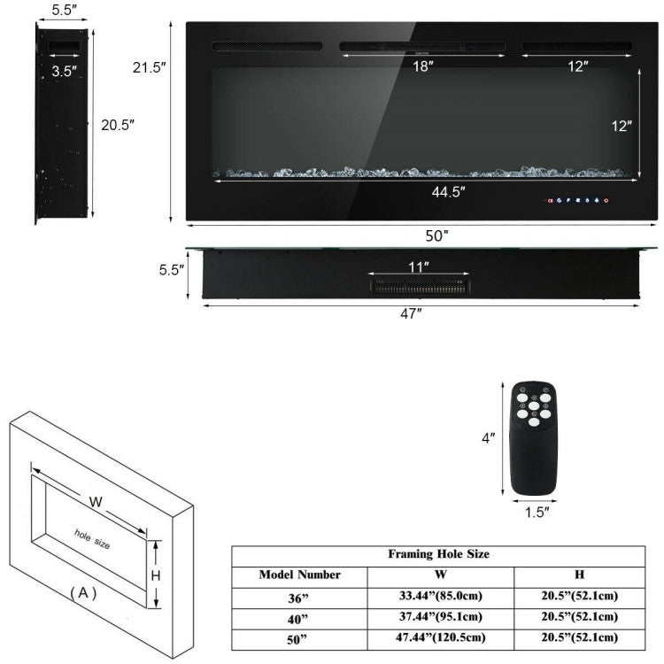 50" Electric Fireplace – Wall Mounted