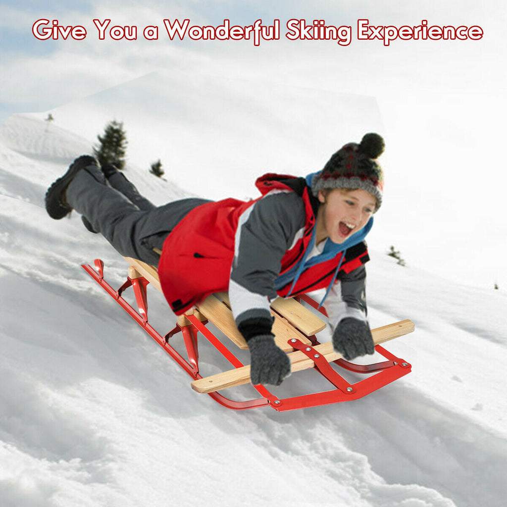 54 Inch Wood Snow Sled with Metal Runners and Steering Bar