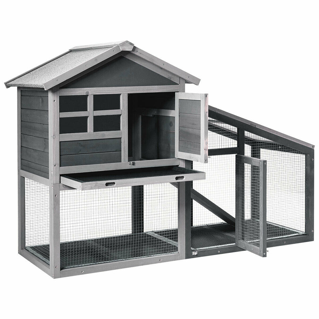 Wooden 56.5 Inch Length Rabbit Hutch with Pull out Tray and Ramp