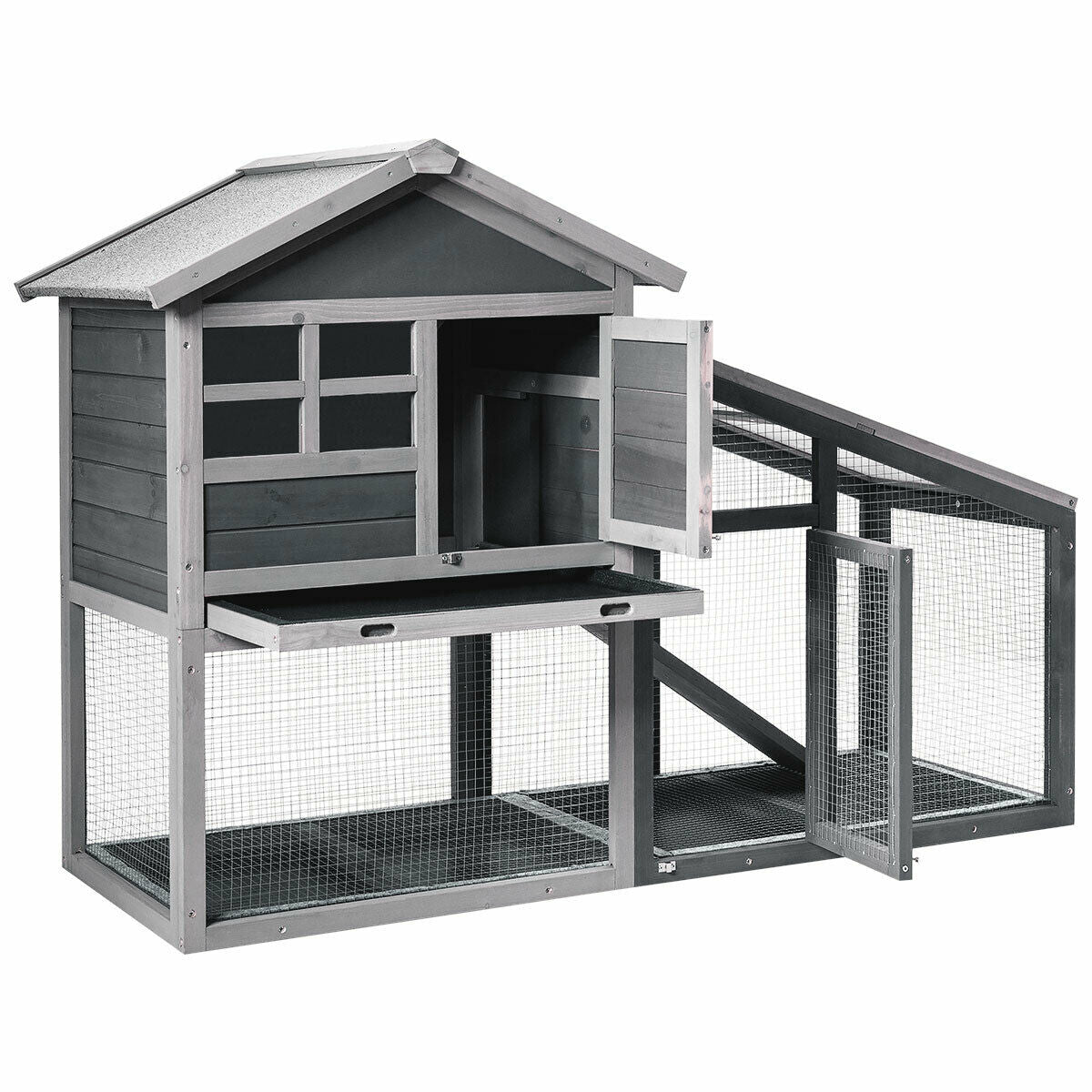 Wooden 56.5 Inch Length Rabbit Hutch with Pull out Tray and Ramp