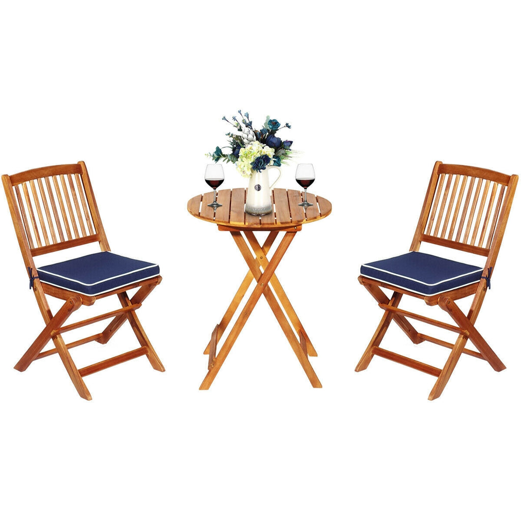 3 Pieces Patio Folding Bistro Set with Padded Cushion and Round Coffee Table-Navy