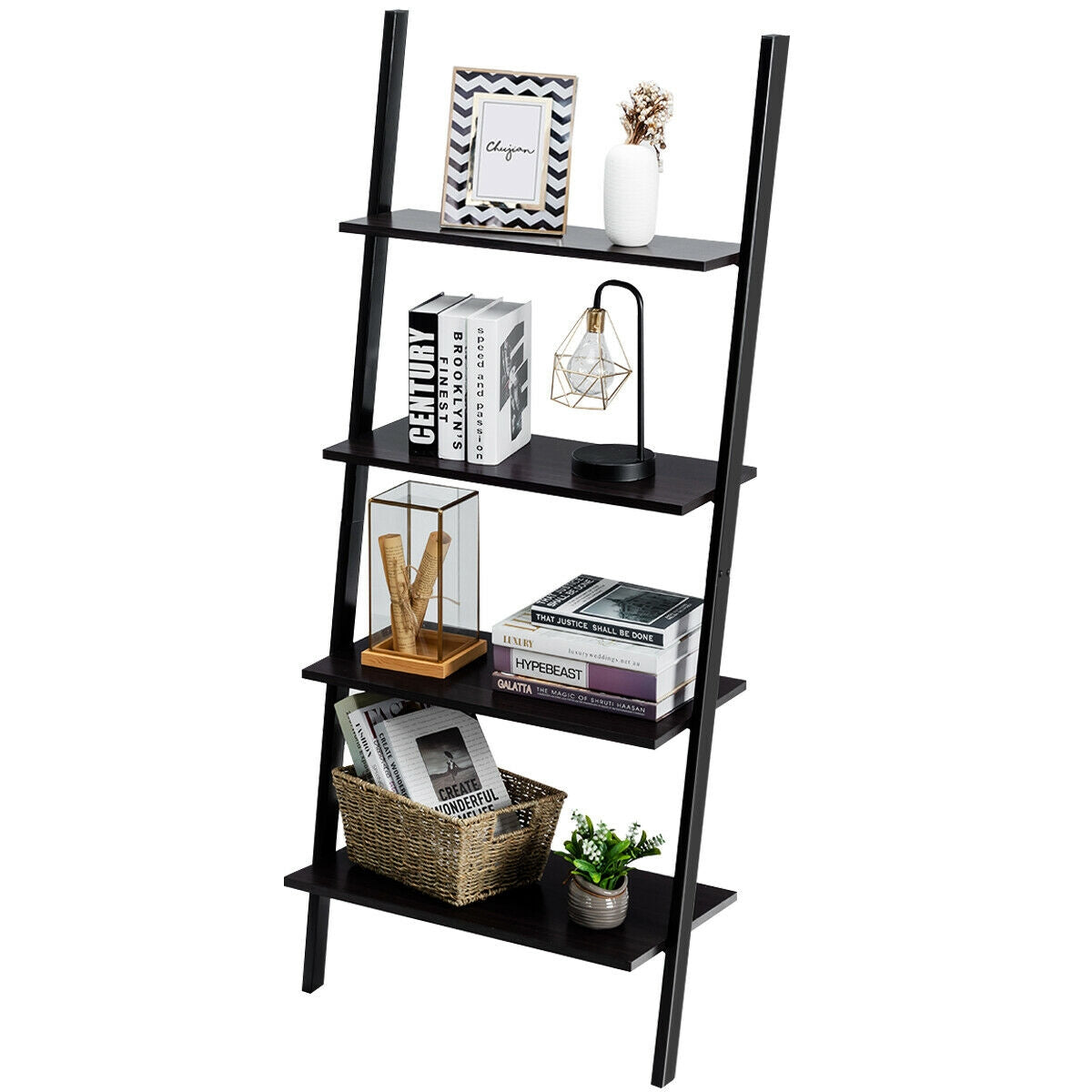 Multipurpose 4-Tier Industrial Leaning Wall Bookcase with Metal Frame