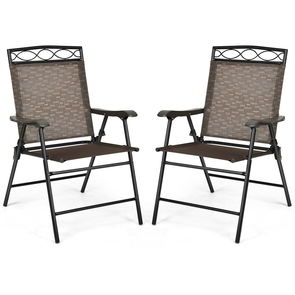 Set of 2 Patio Folding Chairs Sling Portable Dining Chair Set with Armrest