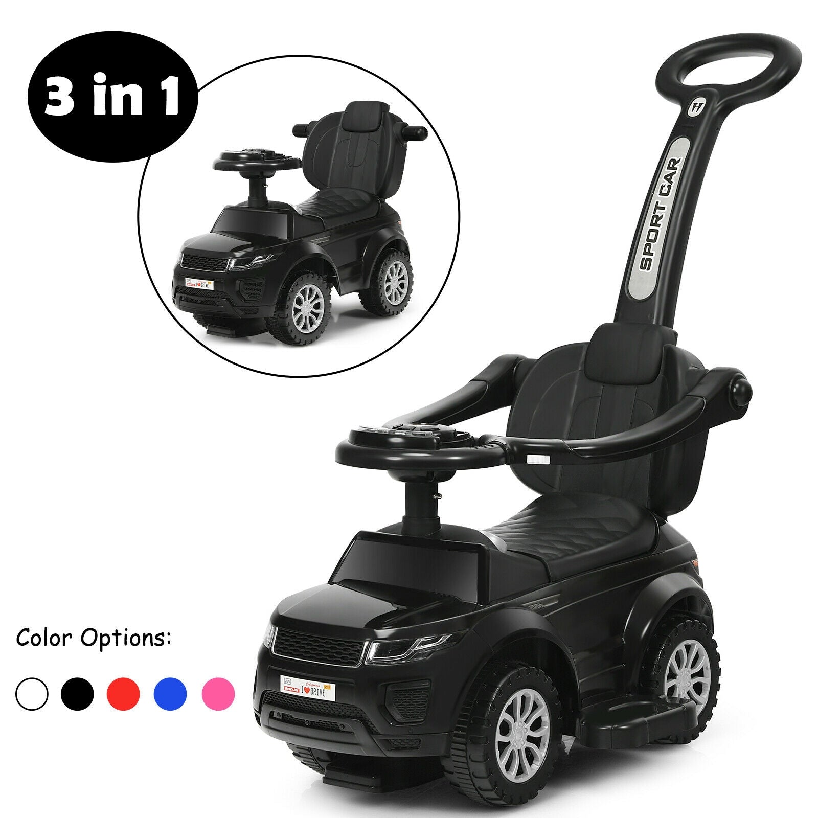 3 In 1 Ride on Push Car Toddler Stroller Sliding Car with Music-Blue