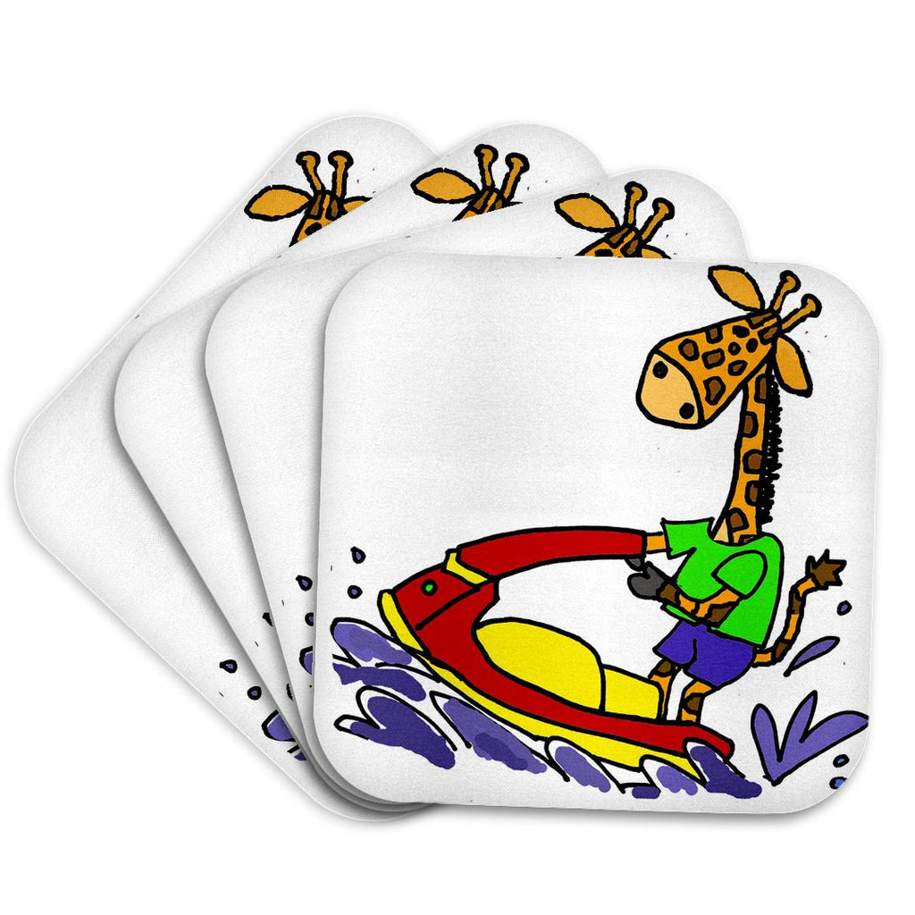 3dRose All Smiles Art Sports and Hobbies - Cute Funny Giraffe Jet Skiing Beach Cartoon - Coasters