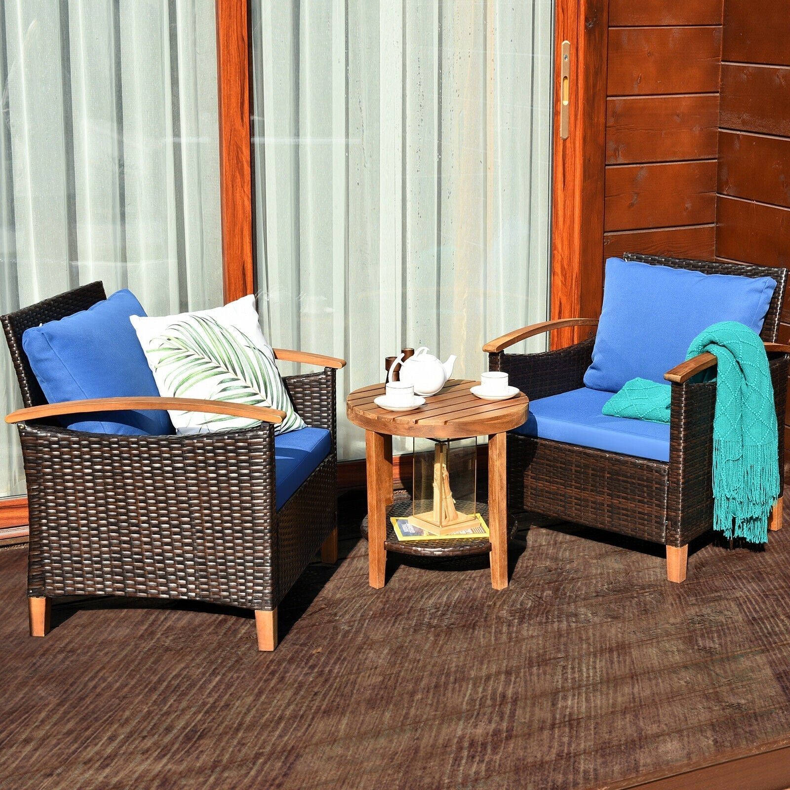 3 Pieces Patio Rattan Furniture Set with Washable Cushion and Acacia Wood Tabletop