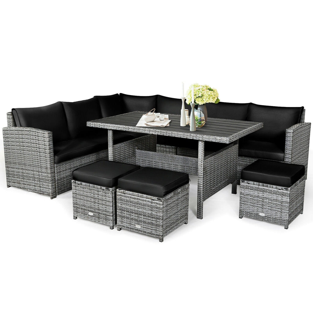 7 Pieces Patio Rattan Dining Furniture Sectional Sofa Set with Wicker Ottoman