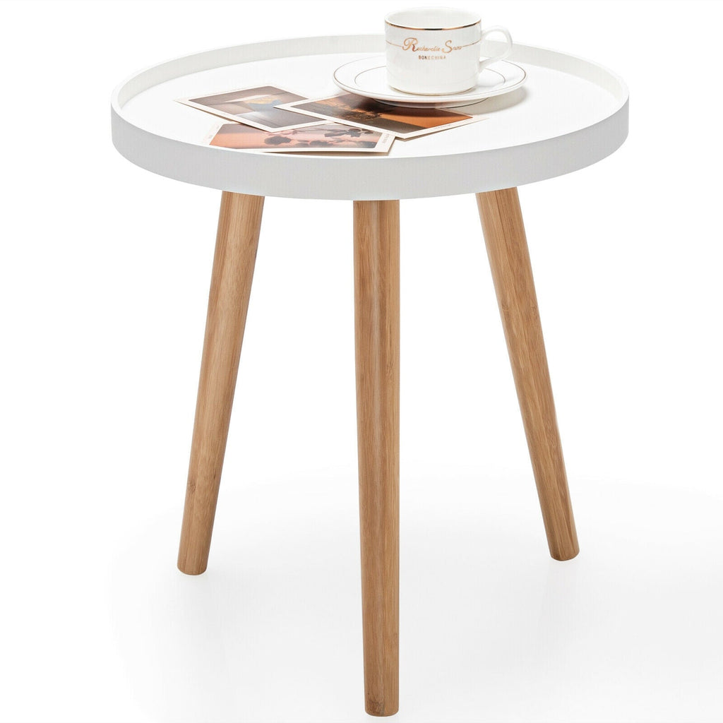 Mid Century Modern Round Side Sofa Coffee Table with Wooden Tray