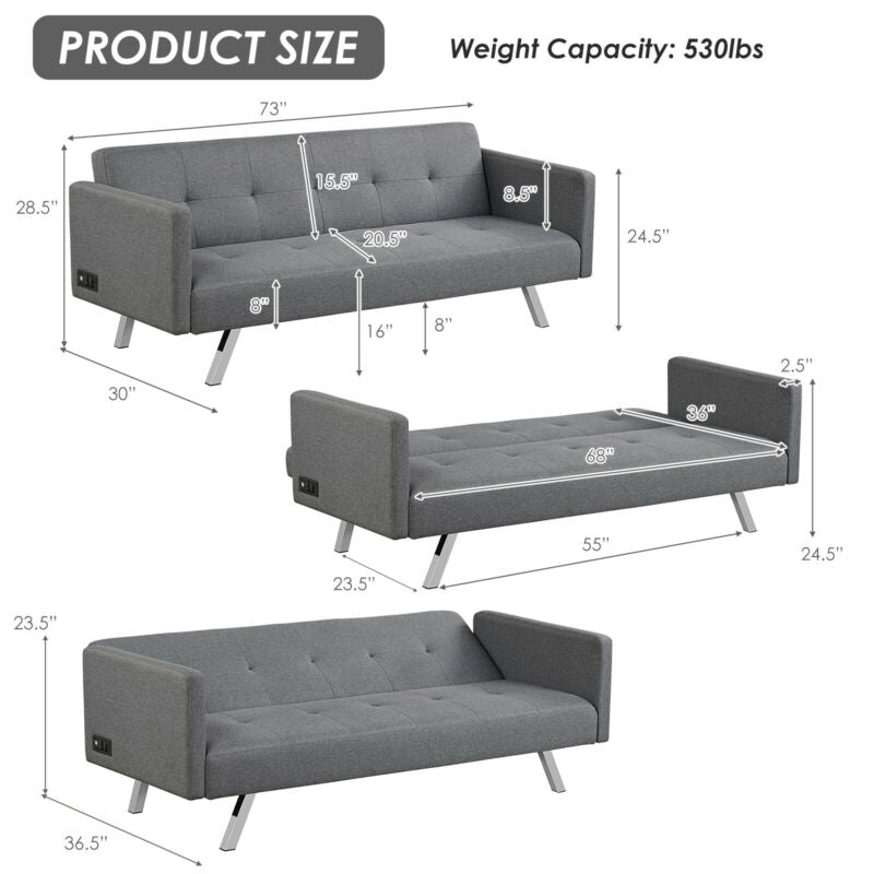 3 Seat Convertible Linen Fabric Futon Sofa with USB and Power Strip