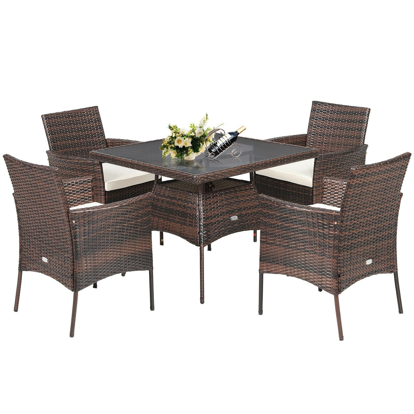 5 Pieces Patio Rattan Dining Furniture Set with Arm Chair and Wooden Table Top