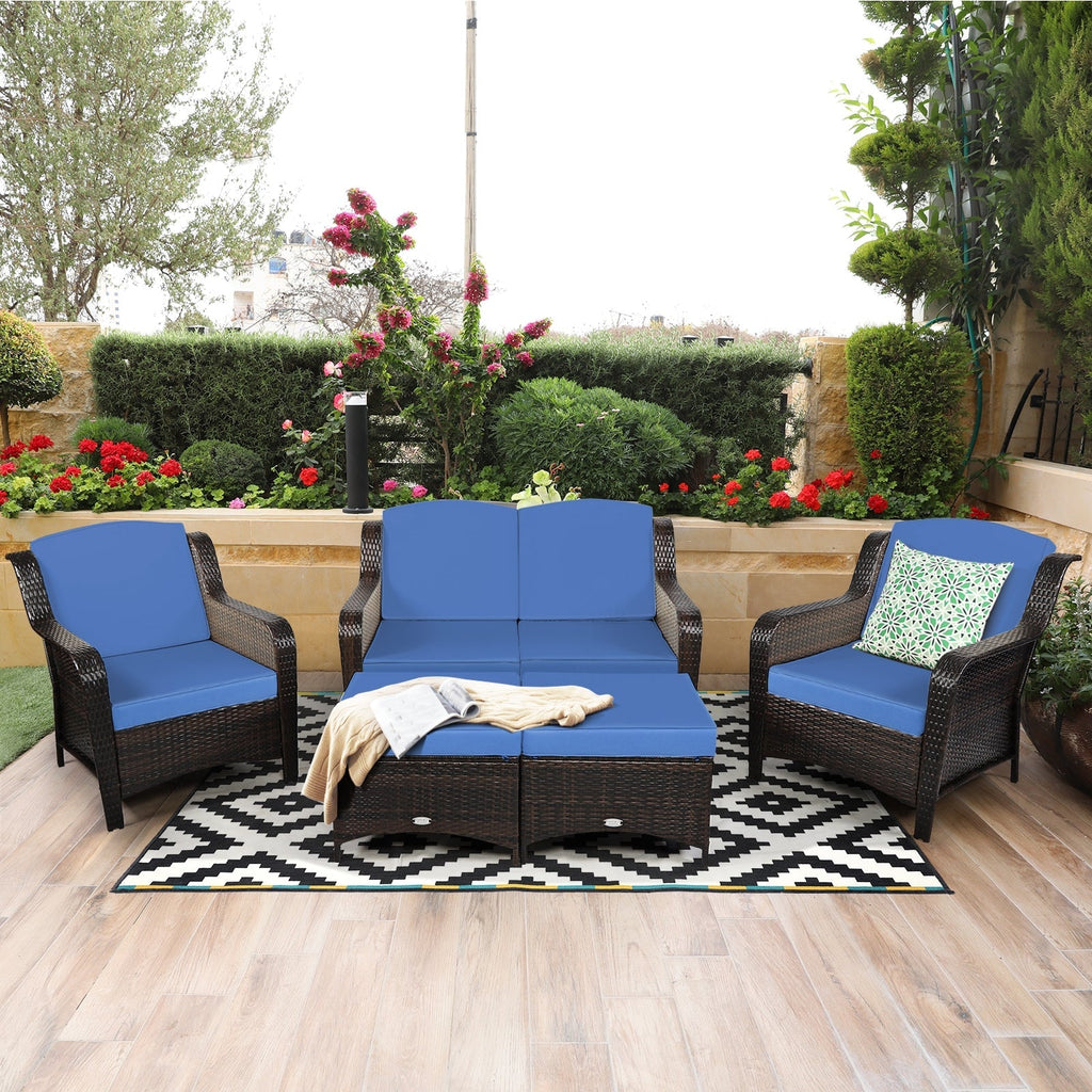 5 Pieces Patio Rattan Sofa Set with Cushion and Ottoman