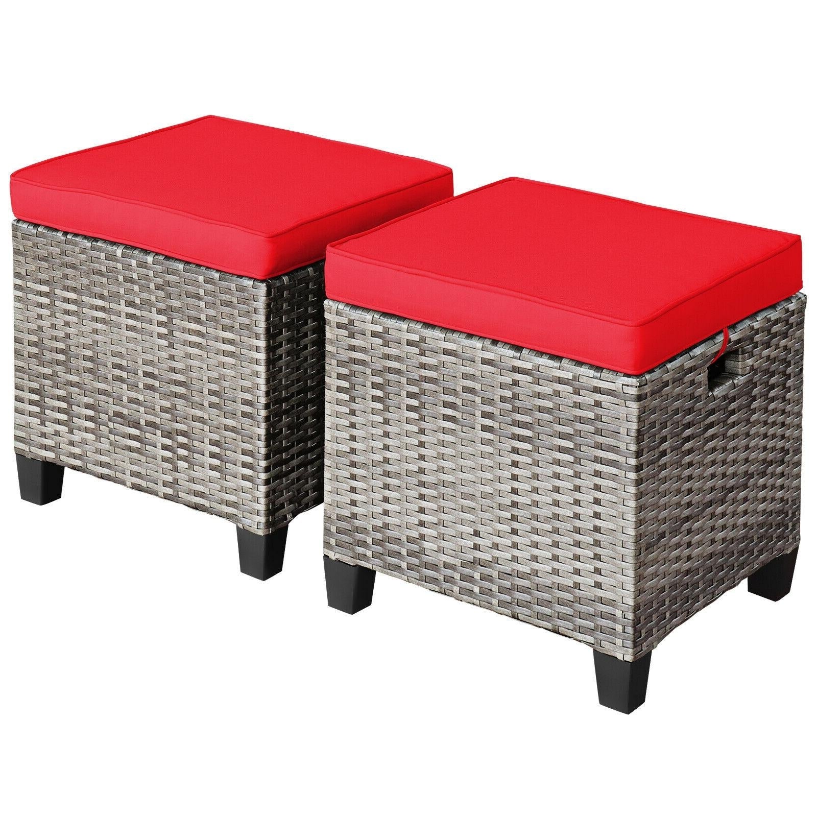 2 Pieces Patio Rattan Ottoman Seat with Removable Cushions-Navy
