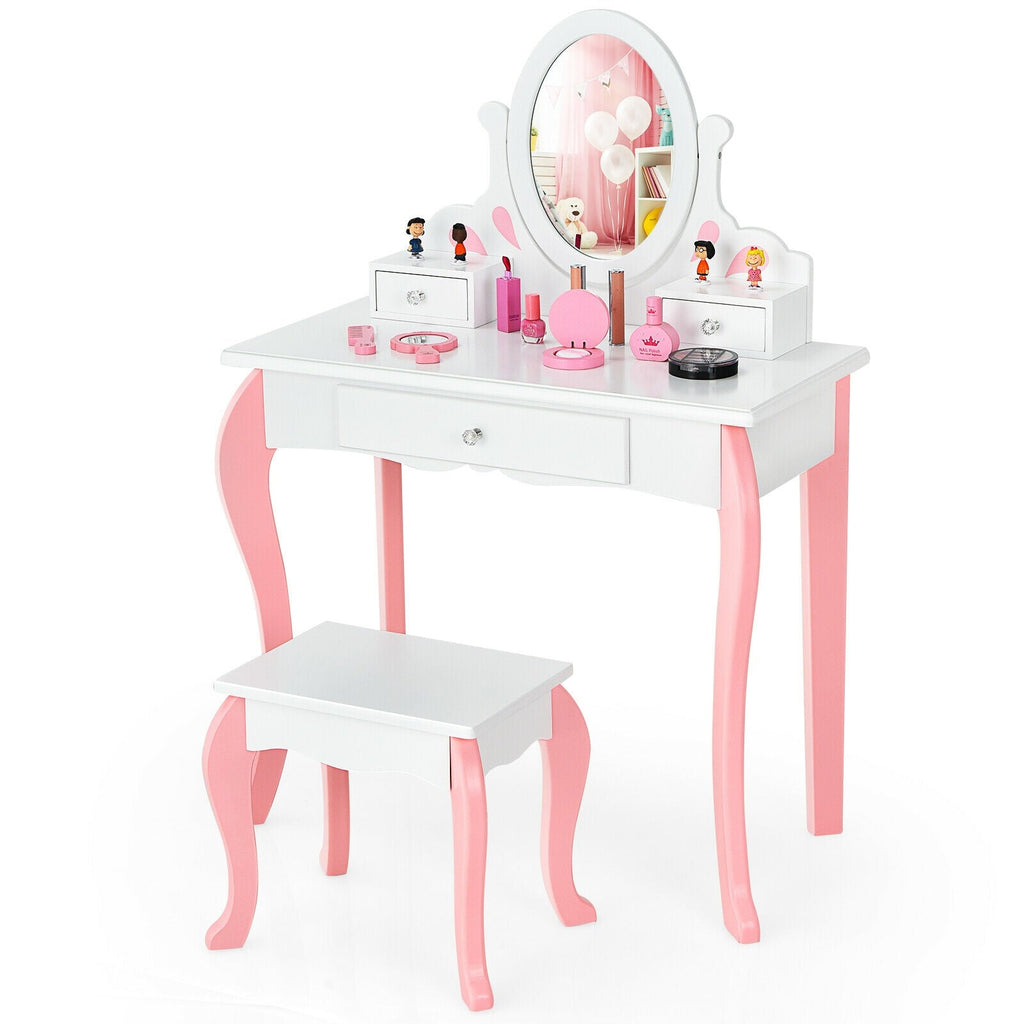 Kids Vanity Princess Makeup Dressing Table Stool Set with Mirror and Drawer