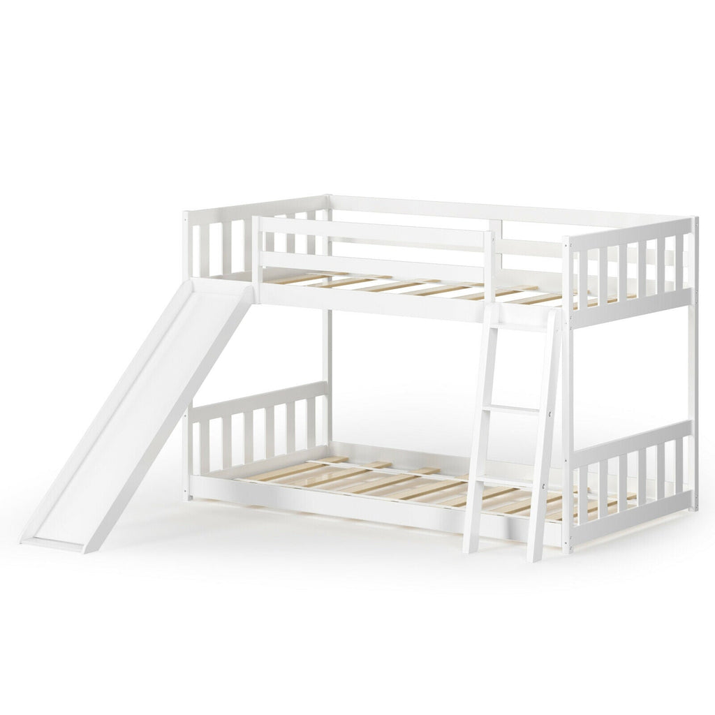Twin over Twin Bunk Wooden Low Bed with Slide Ladder for Kids